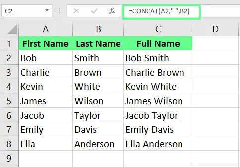 Zwei Spalten in einer mit der CONCAT()-Funktion in Excel kombinieren. 2