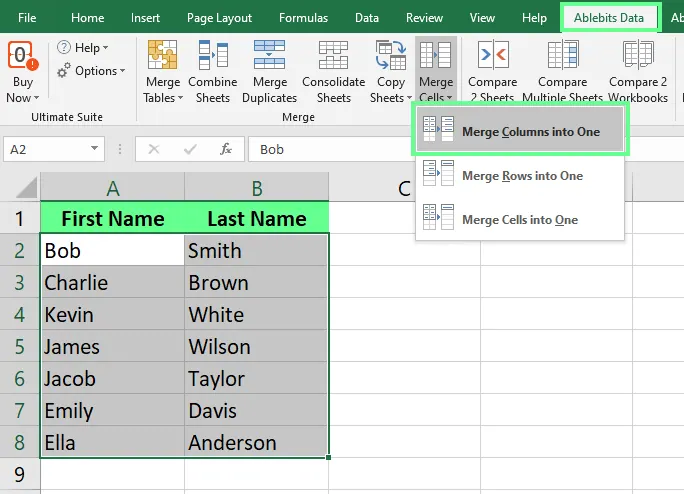 Zwei Spalten auswählen, um sie in einer in Excel mit Add-in zusammenzuführen. 8
