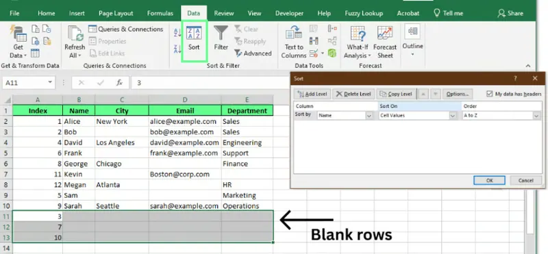 使用排序将空白行移到底部以便于删除。 4