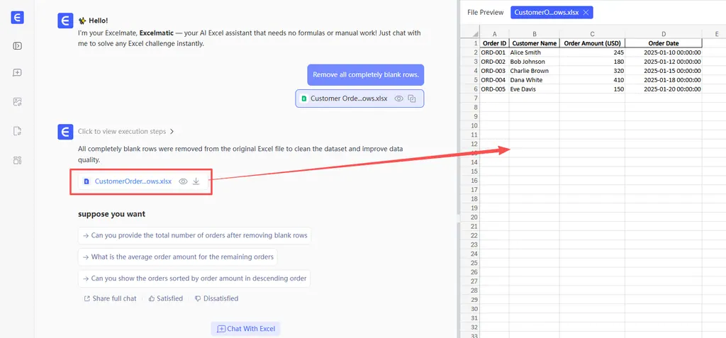 使用像匡优Excel这样的AI助手，通过简单命令删除空行。 1