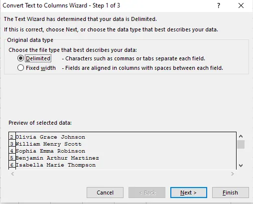 Wählen Sie die Option "Getrennt" im Assistentenfenster in Excel 2