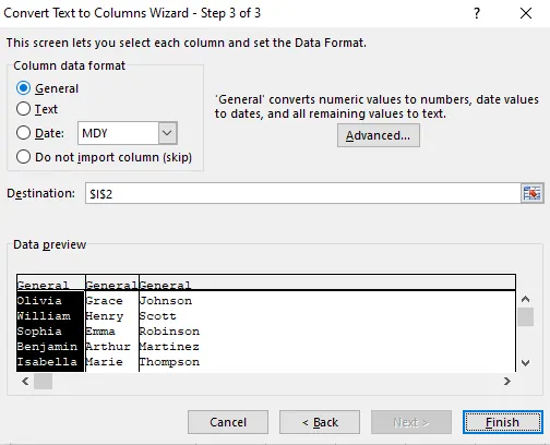 Wählen Sie "Standard" als Datenformat im Assistentenfenster in Excel 4