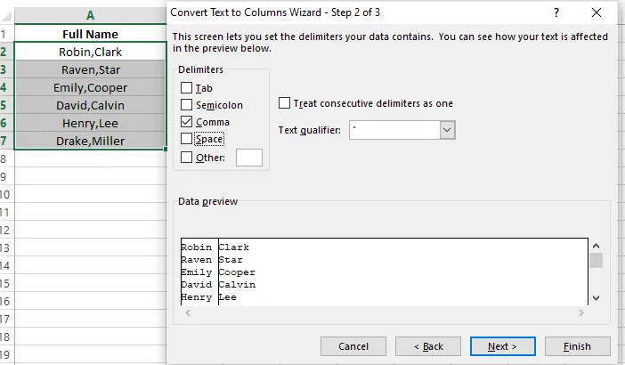 Auswahl von "Komma" als Trennzeichen in Excel "Text in Spalten" 7