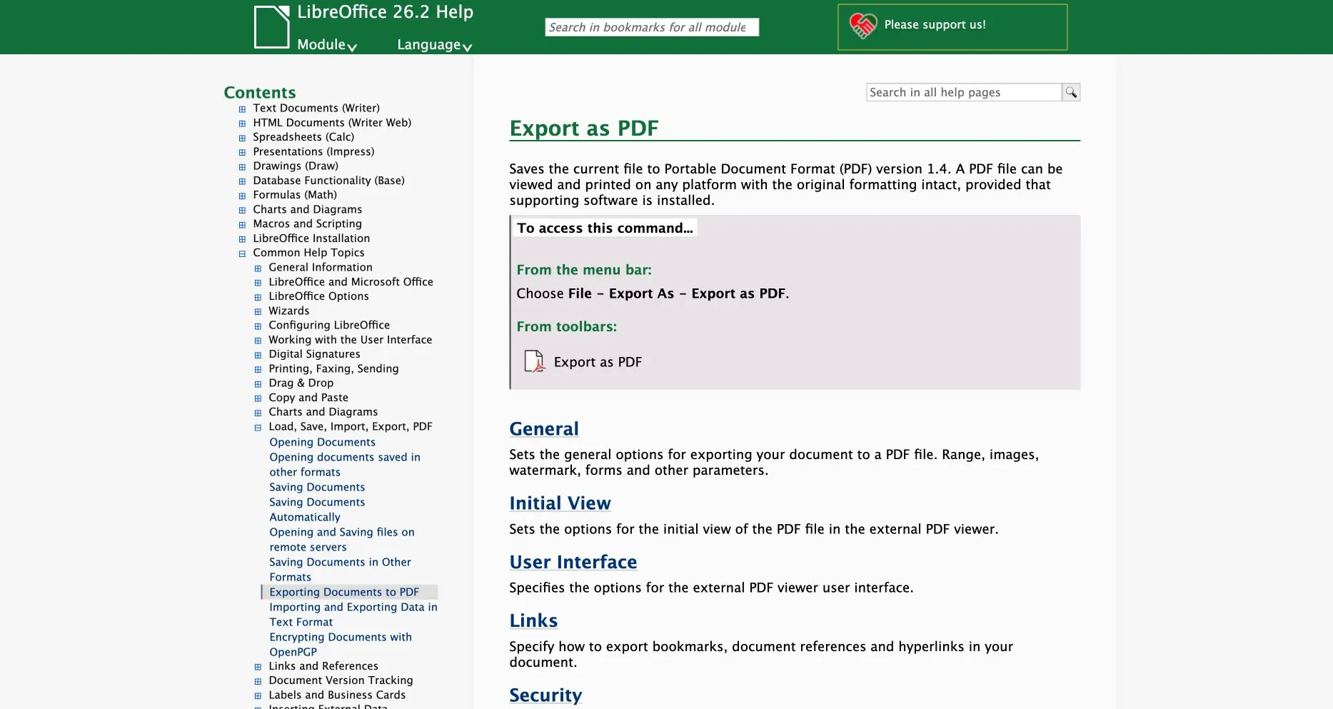 LibreOffice 帮助页面，显示 Calc 可用的导出为 PDF 命令