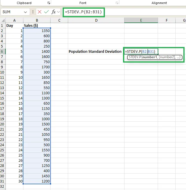 Quick calculation of standard deviation in Excel 1