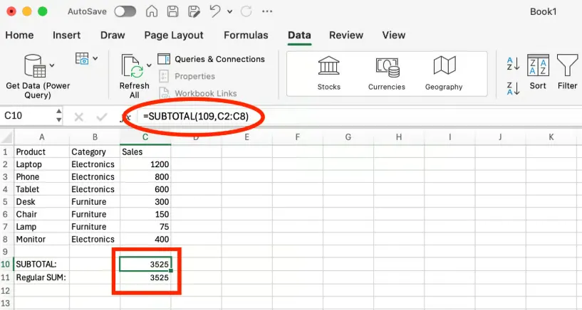 SUBTOTAL-Funktion in Excel 1