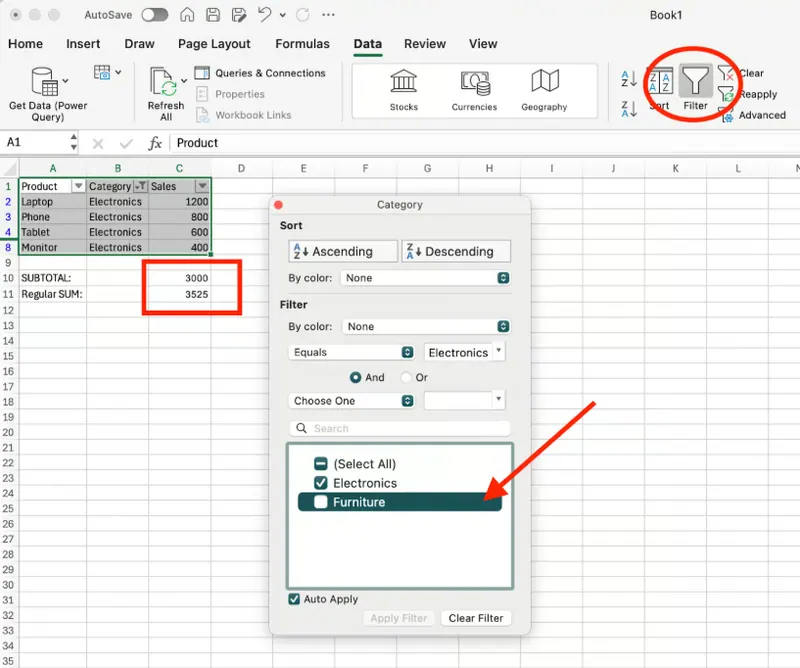使用SUBTOTAL筛选数据集 2