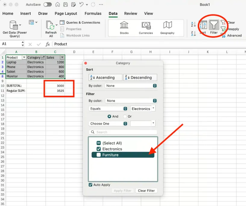 Filtern eines Datensatzes mit SUBTOTAL 2