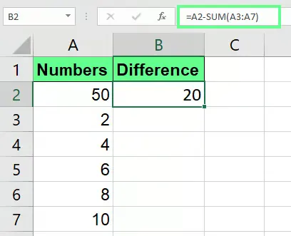 Zahlen mit der SUM()-Funktion in Excel subtrahieren. 7