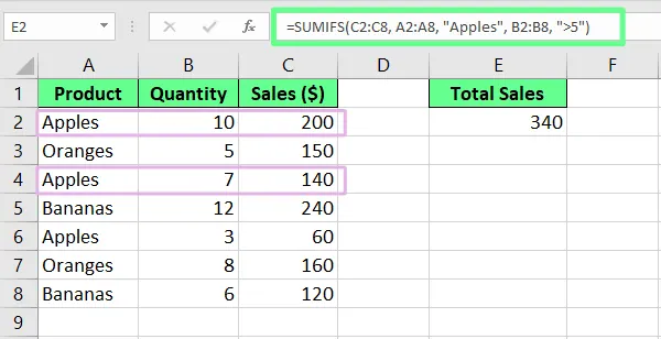 Verwendung von SUMIFS zum Summieren des Umsatzes basierend auf einer Bedingung in Excel. 2