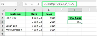 在 Excel 中使用 SUMIFS() 函数对所有非空单元格求和。 3