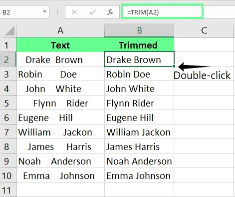 Entfernen aller überflüssigen Leerzeichen mit der TRIM-Funktion in Excel. 2