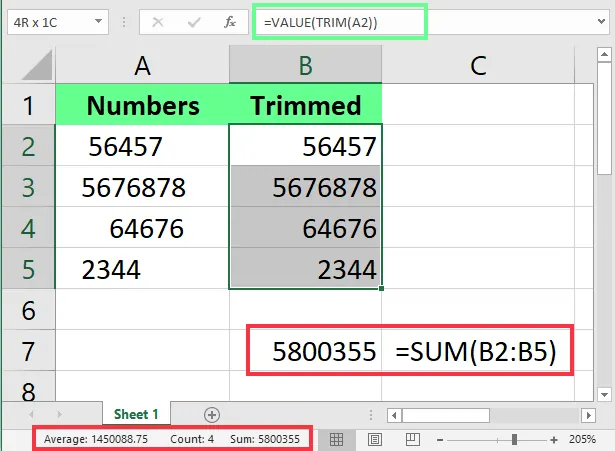 Kombinieren von TRIM innerhalb der VALUE-Funktion, um die numerischen Werte in Excel zu korrigieren. 4