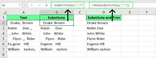 Kombinieren von SUBSTITUTE und TRIM, um die Trennzeichen in Excel zu entfernen. 5