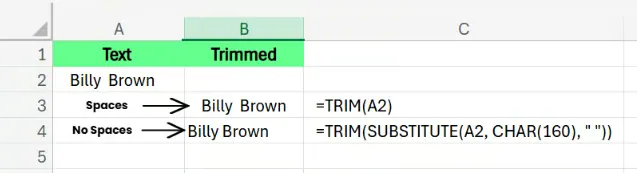 Entfernen geschützter Leerzeichen mit der TRIM- und SUBSTITUTE-Funktion in Excel. 8