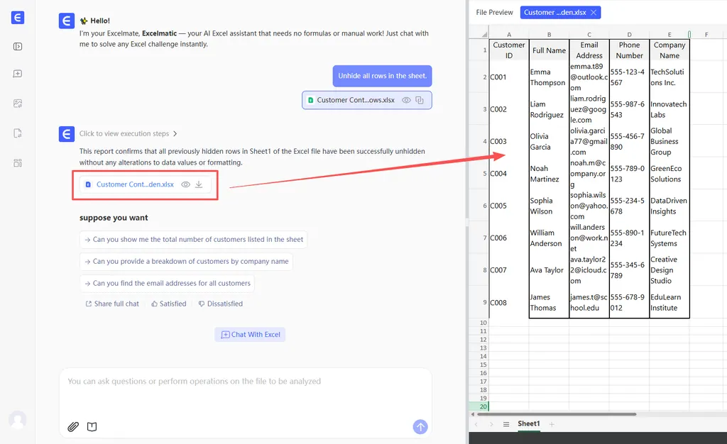 匡优Excel界面显示用户输入“取消隐藏所有行”的结果