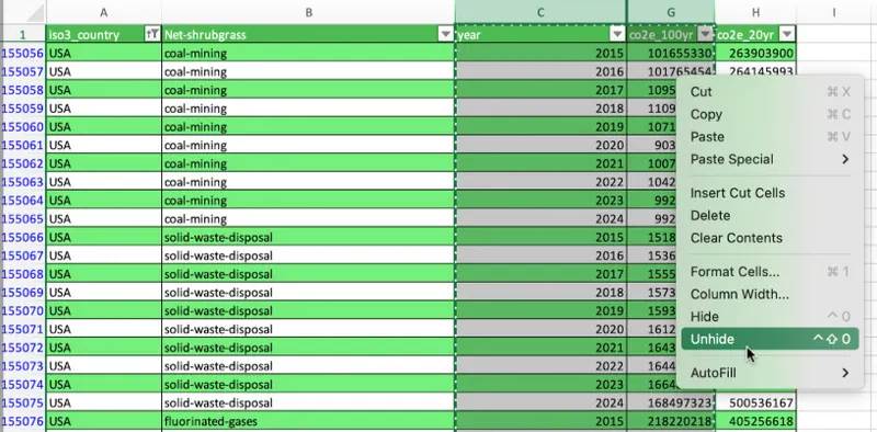 Unhidding specific multiple columns 9