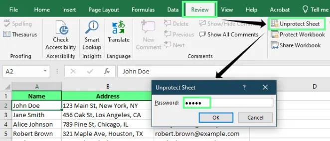 Entsperren des Blatts mit einem bekannten Passwort in Excel. 1