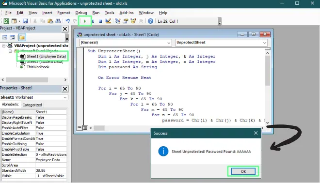 Entsperren des Blatts mit einem VBA-Makro in Excel. 2