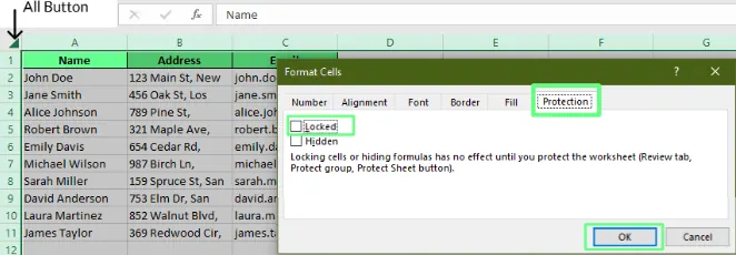Entsperren aller Zellen im Blatt in Excel. 6