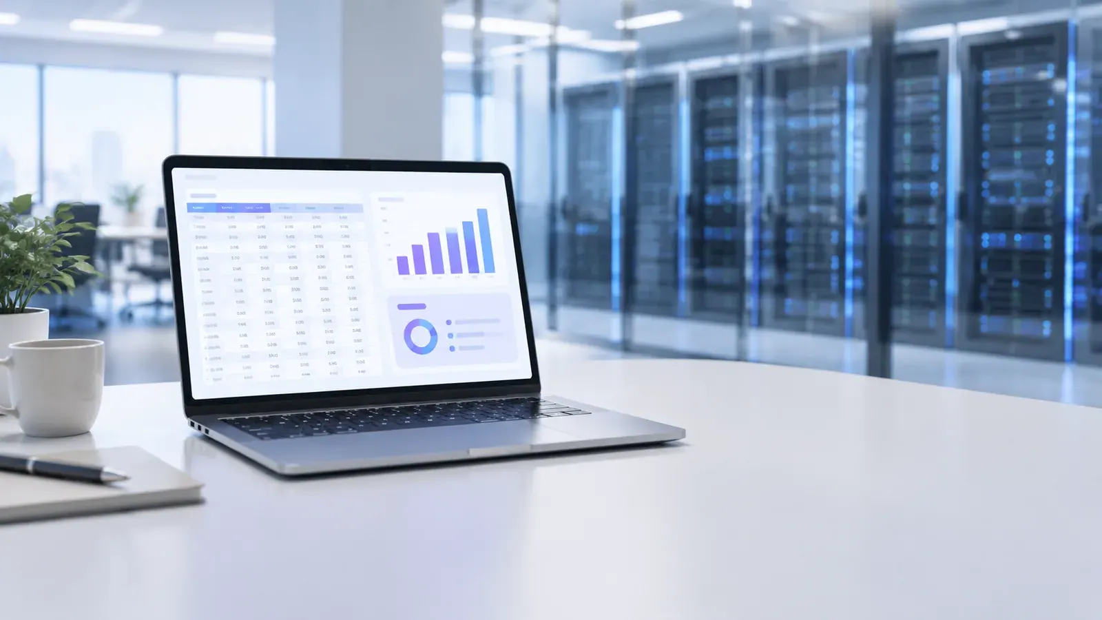 Laptop showing a RowSpeak spreadsheet analysis dashboard in front of on-premise server racks