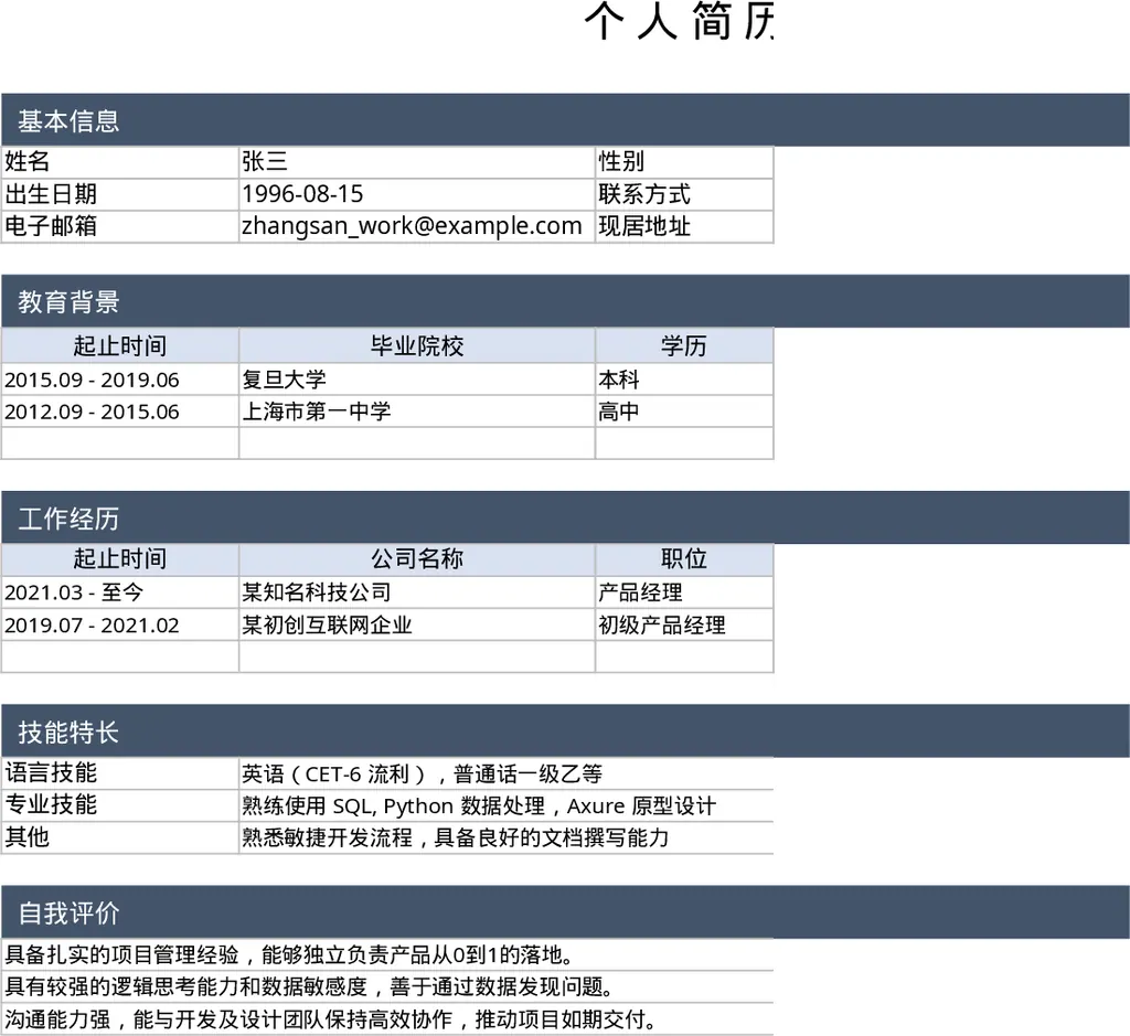 个人简历空白模板