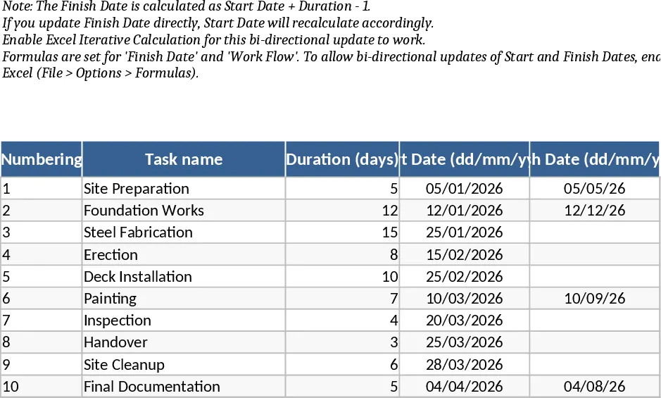 Steel Footbridge Construction Schedule Template