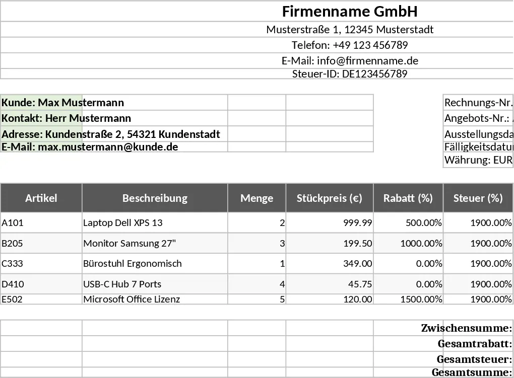 Angebot & Rechnung mit Rechnungsgenerator Vorlage
