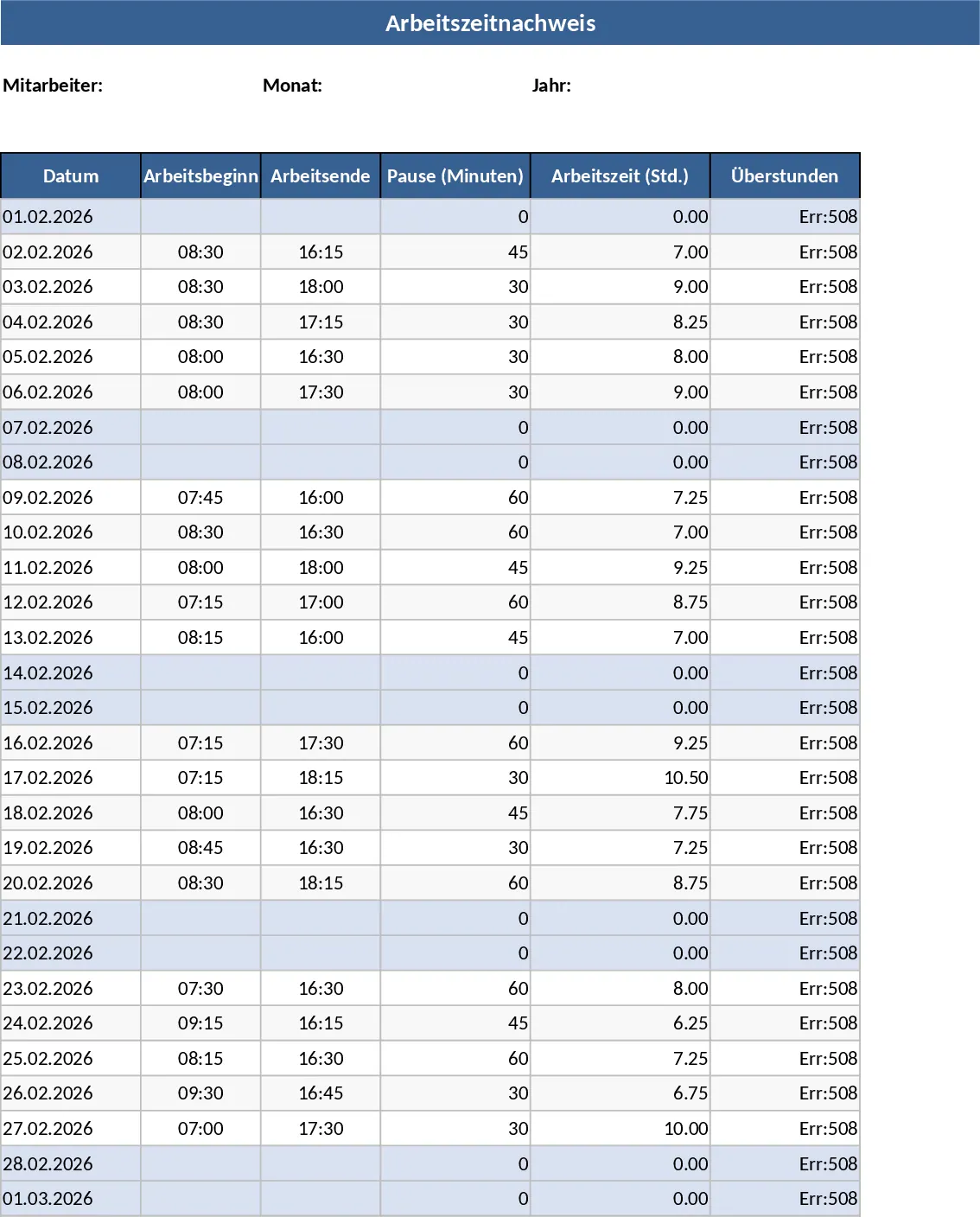 Automated Employee Timesheet with Overtime and Leave Tracking Template