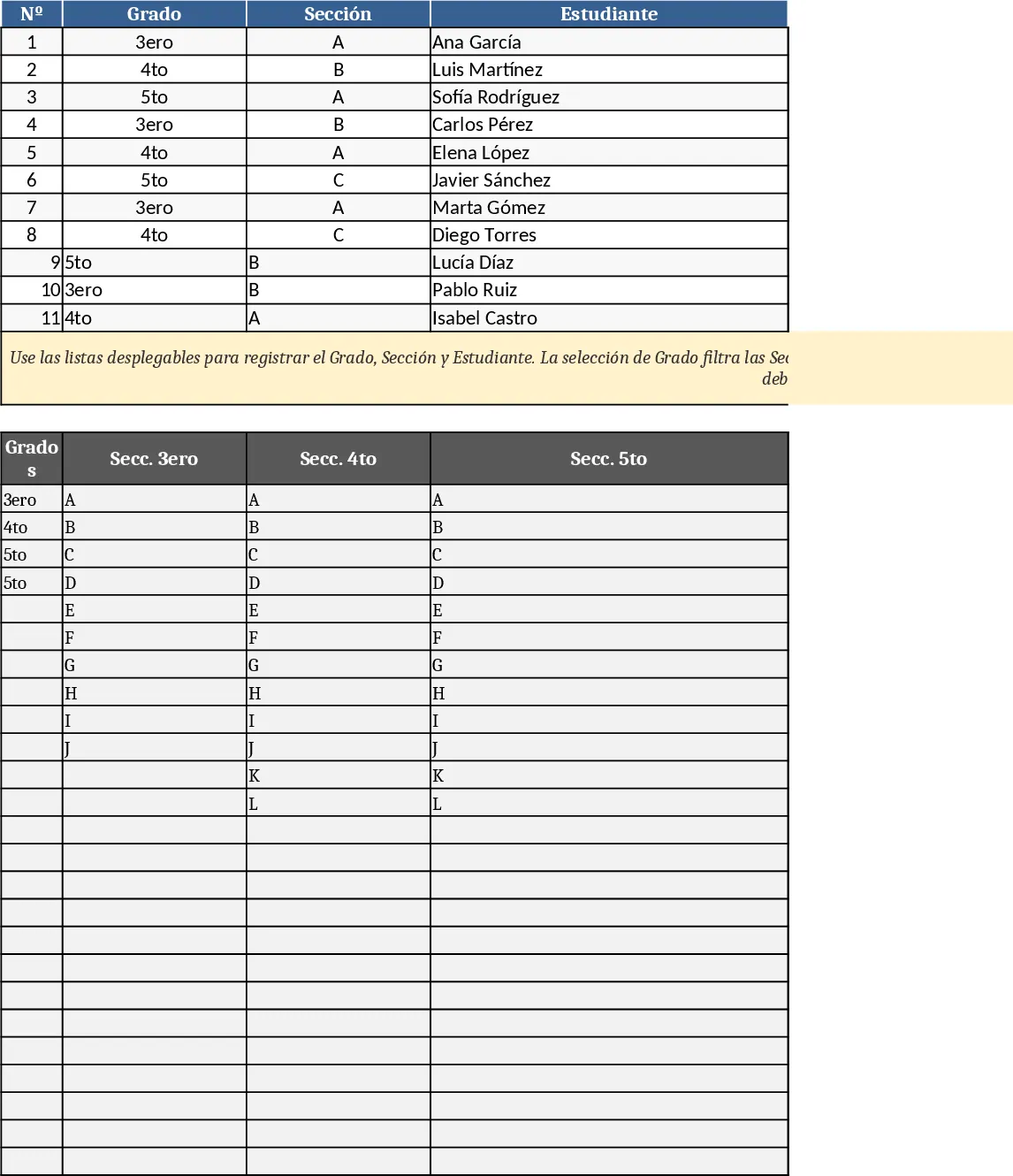 Klassen‑Abschnitt‑Schüler Dropdown‑Tracker Vorlage